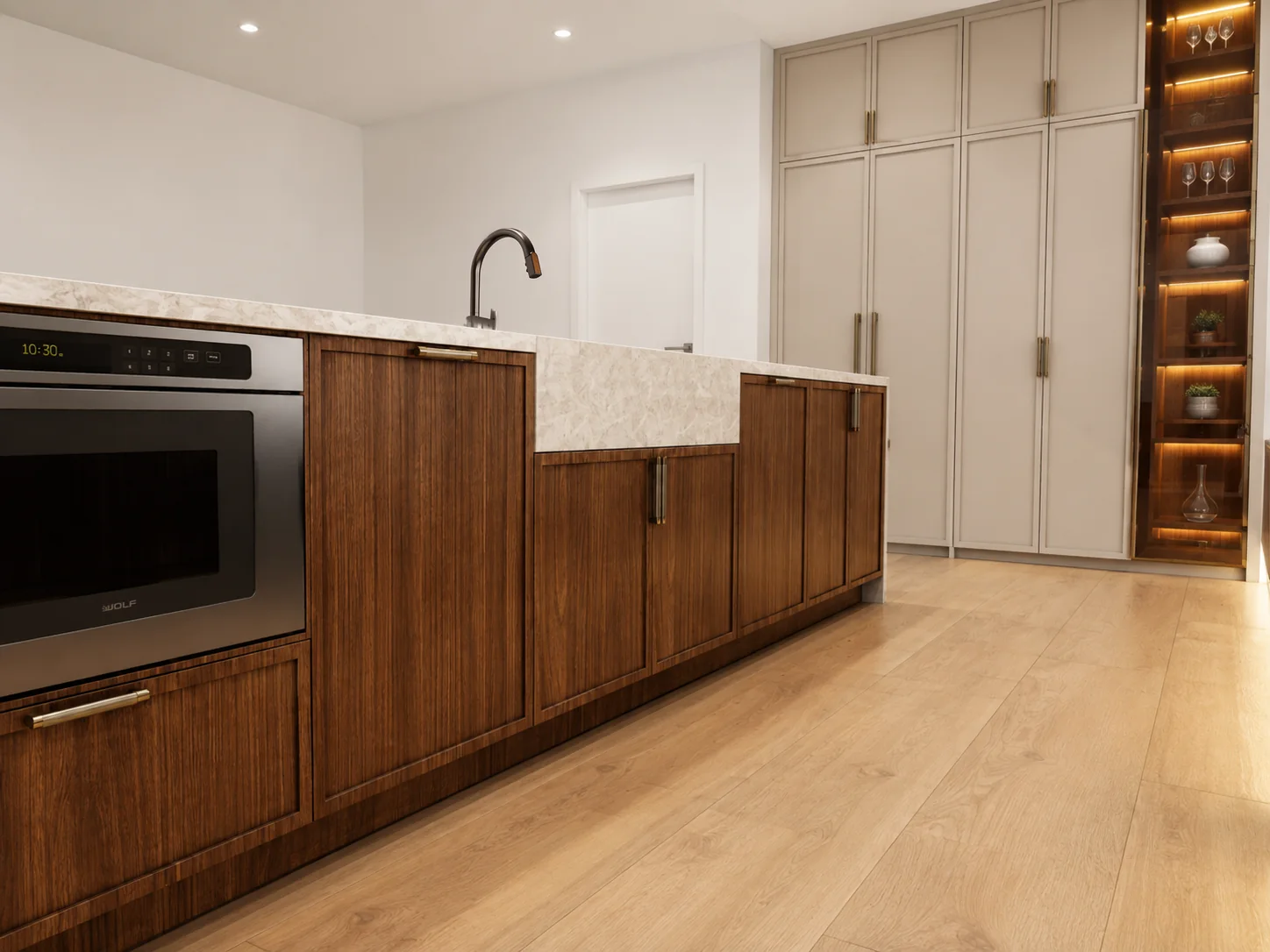 Prep island with double range and backlit glass display cabinet